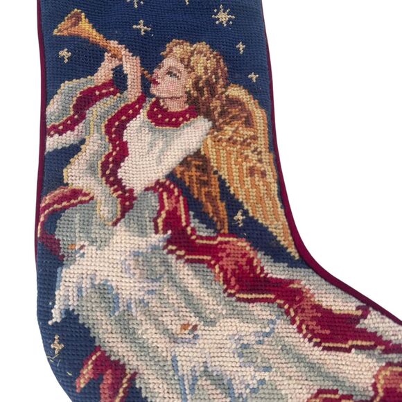 Imperial Elegance Chistmas Stocking Angel Horn Red Blue Wool Needlepoint VTG - Picture 7 of 9